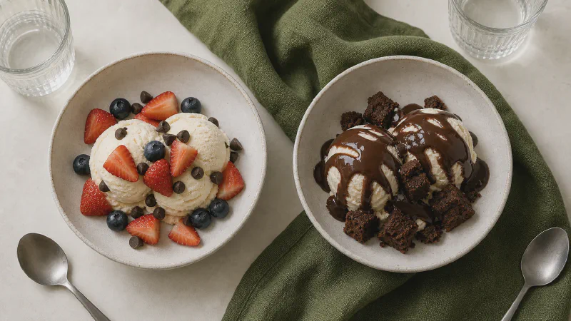 Ice cream bowl: lower- and higher-calorie Calk versions side by side