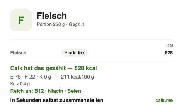 Calk-Karte für die kalorienärmere Variante von Fleisch: 211 kcal pro 100 g, Eiweiß/Fett/Kohlenhydrate 60/40/0