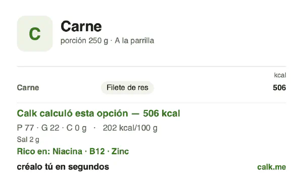 Tarjeta de Calk, versión menos calórica de Carne: 202 kcal por 100 g, proteínas/grasas/carbohidratos 61/39/0