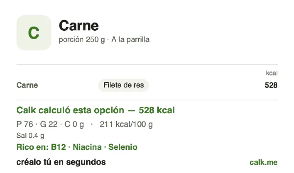 Tarjeta de Calk, versión menos calórica de Carne: 211 kcal por 100 g, proteínas/grasas/carbohidratos 60/40/0
