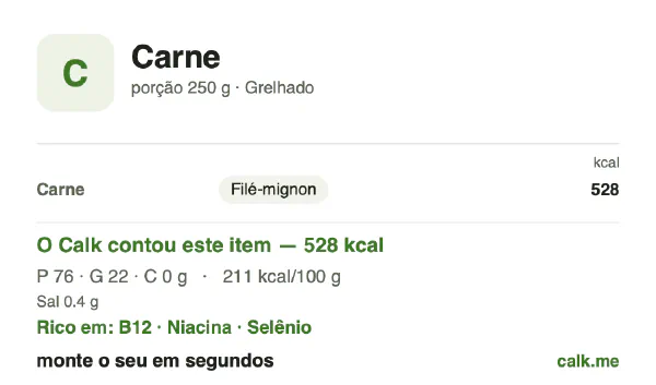 Cartão do Calk para a versão menos calórica de Carne: 211 kcal por 100 g, proteína/gordura/carboidratos 60/40/0