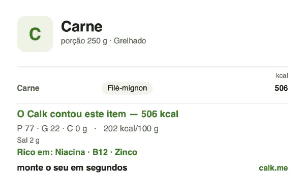 Cartão do Calk para a versão menos calórica de Carne: 202 kcal por 100 g, proteína/gordura/carboidratos 61/39/0