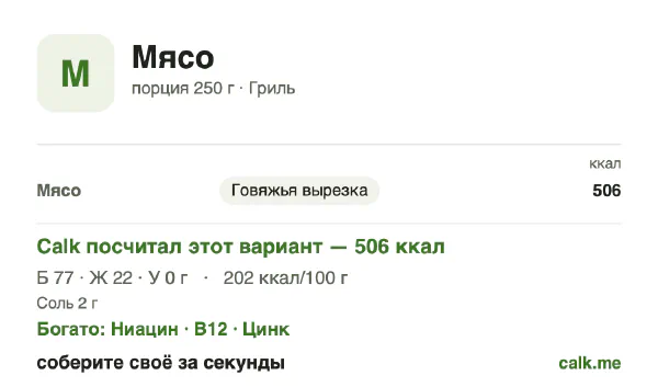 Карточка «Мясо» в Calk — менее калорийный вариант: 202 ккал на 100 г, белки/жиры/углеводы 61/39/0