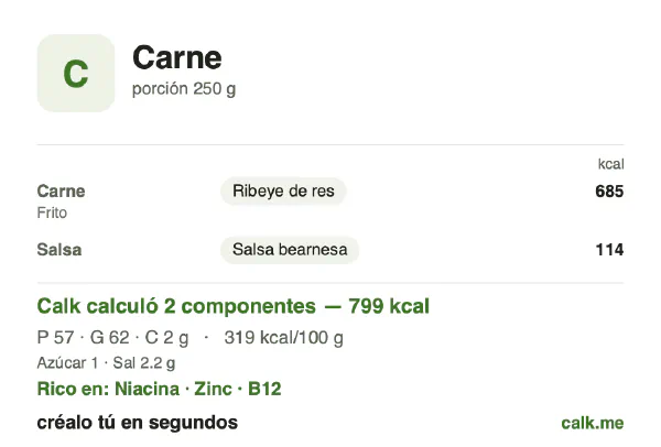 Tarjeta de Calk, versión más calórica de Carne: 319 kcal por 100 g, proteínas/grasas/carbohidratos 29/70/1