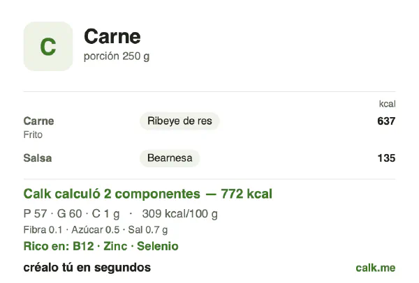 Tarjeta de Calk, versión más calórica de Carne: 309 kcal por 100 g, proteínas/grasas/carbohidratos 30/70/0
