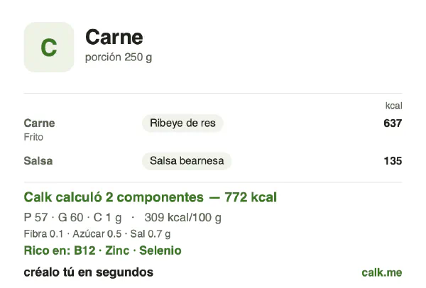 Tarjeta de Calk, versión más calórica de Carne: 309 kcal por 100 g, proteínas/grasas/carbohidratos 30/70/0