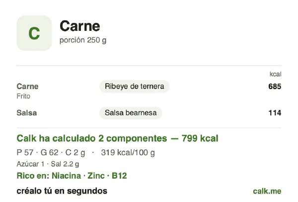 Ficha de Calk, versión más calórica de Carne: 319 kcal por 100 g, proteínas/grasas/hidratos 29/70/1