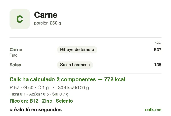 Ficha de Calk, versión más calórica de Carne: 309 kcal por 100 g, proteínas/grasas/hidratos 30/70/0