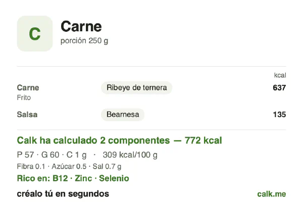 Ficha de Calk, versión más calórica de Carne: 309 kcal por 100 g, proteínas/grasas/hidratos 30/70/0