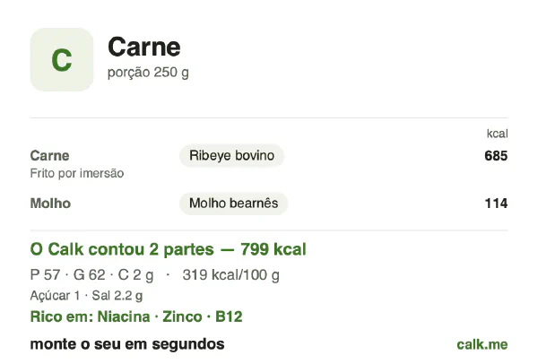 Cartão do Calk para a versão mais calórica de Carne: 319 kcal por 100 g, proteína/gordura/carboidratos 29/70/1