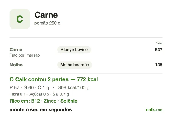 Cartão do Calk para a versão mais calórica de Carne: 309 kcal por 100 g, proteína/gordura/carboidratos 30/70/0