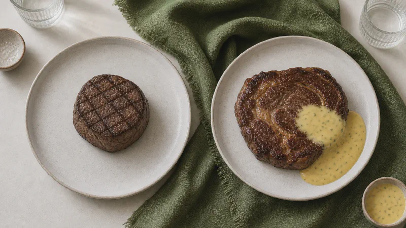 Steak: lower- and higher-calorie Calk versions side by side