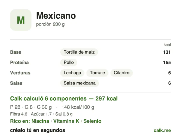 Tarjeta de Calk, versión menos calórica de Comida mexicana: 148 kcal por 100 g, proteínas/grasas/carbohidratos 37/24/40