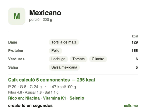 Tarjeta de Calk, versión menos calórica de Comida mexicana: 147 kcal por 100 g, proteínas/grasas/carbohidratos 41/25/34