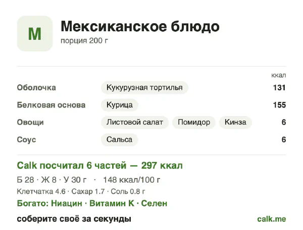 Карточка Calk, менее калорийный вариант Мексиканское блюдо: 148 ккал на 100 г, белки/жиры/углеводы 37/24/40