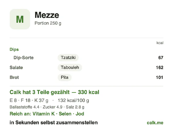 Calk-Karte für die kalorienärmere Variante von Mezze: 132 kcal pro 100 g, Eiweiß/Fett/Kohlenhydrate 10/47/43