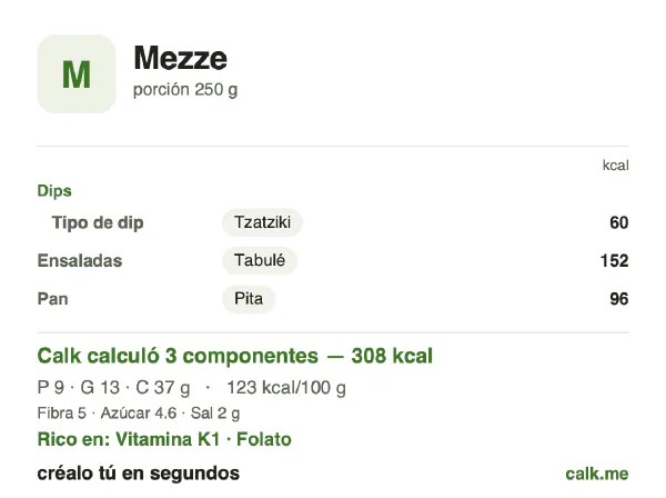 Tarjeta de Calk, versión menos calórica de Mezze: 123 kcal por 100 g, proteínas/grasas/carbohidratos 11/38/50