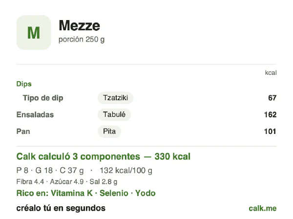 Tarjeta de Calk, versión menos calórica de Mezze: 132 kcal por 100 g, proteínas/grasas/carbohidratos 10/47/43