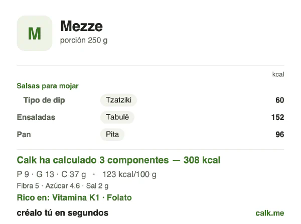 Ficha de Calk, versión menos calórica de Mezze: 123 kcal por 100 g, proteínas/grasas/hidratos 11/38/50