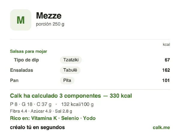 Ficha de Calk, versión menos calórica de Mezze: 132 kcal por 100 g, proteínas/grasas/hidratos 10/47/43