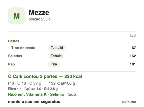 Cartão do Calk para a versão menos calórica de Mezze: 132 kcal por 100 g, proteína/gordura/carboidratos 10/47/43
