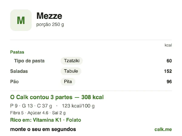 Cartão do Calk para a versão menos calórica de Mezze: 123 kcal por 100 g, proteína/gordura/carboidratos 11/38/50