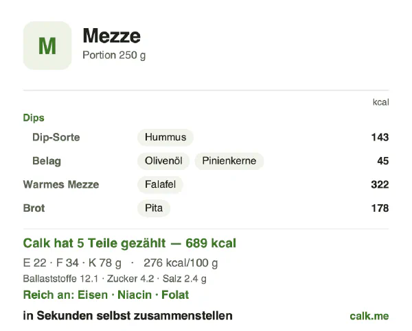 Calk-Karte für die kalorienreichere Variante von Mezze: 276 kcal pro 100 g, Eiweiß/Fett/Kohlenhydrate 13/43/44