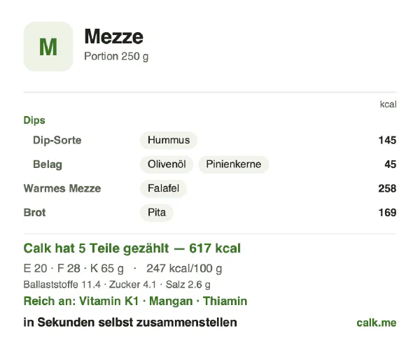 Calk-Karte für die kalorienreichere Variante von Mezze: 247 kcal pro 100 g, Eiweiß/Fett/Kohlenhydrate 13/43/44