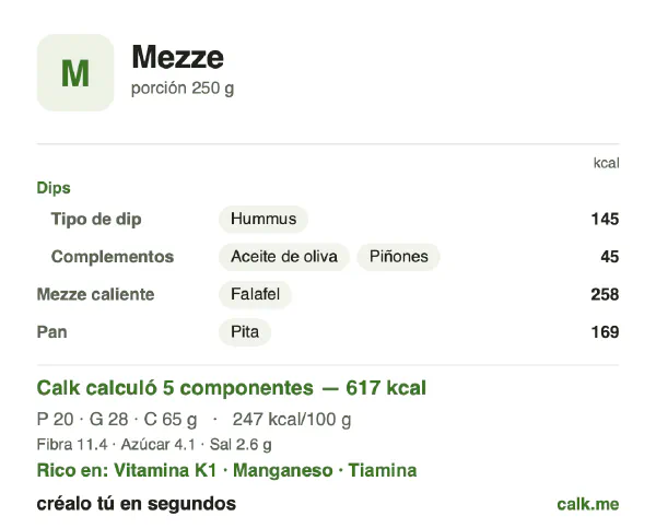 Tarjeta de Calk, versión más calórica de Mezze: 247 kcal por 100 g, proteínas/grasas/carbohidratos 13/43/44
