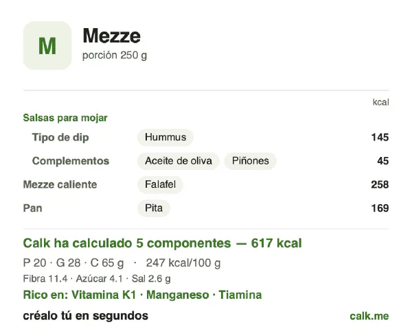 Ficha de Calk, versión más calórica de Mezze: 247 kcal por 100 g, proteínas/grasas/hidratos 13/43/44