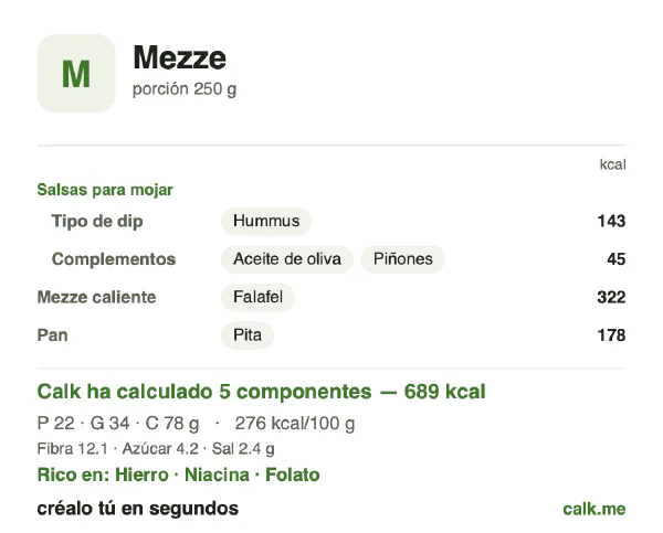 Ficha de Calk, versión más calórica de Mezze: 276 kcal por 100 g, proteínas/grasas/hidratos 13/43/44
