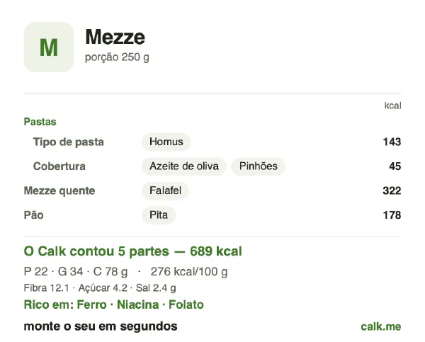 Cartão do Calk para a versão mais calórica de Mezze: 276 kcal por 100 g, proteína/gordura/carboidratos 13/43/44