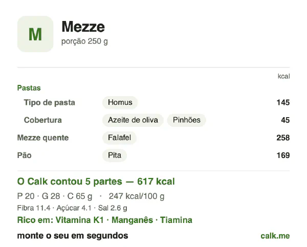 Cartão do Calk para a versão mais calórica de Mezze: 247 kcal por 100 g, proteína/gordura/carboidratos 13/43/44