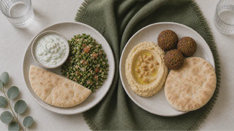 Mezze plate: lower- and higher-calorie Calk versions side by side