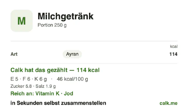 Calk-Karte für die kalorienärmere Variante von Milchgetränk: 46 kcal pro 100 g, Eiweiß/Fett/Kohlenhydrate 22/54/24
