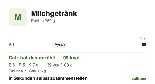 Calk-Karte für die kalorienärmere Variante von Milchgetränk: 39 kcal pro 100 g, Eiweiß/Fett/Kohlenhydrate 24/47/29