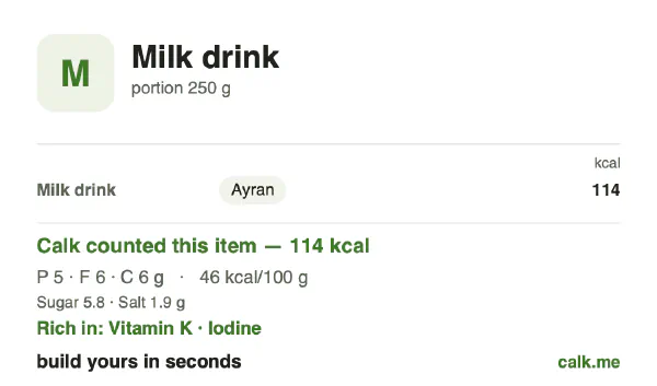 Lower calorie Calk card for Milk drink: 46 kcal per 100 g, protein/fat/carbs 22/54/24