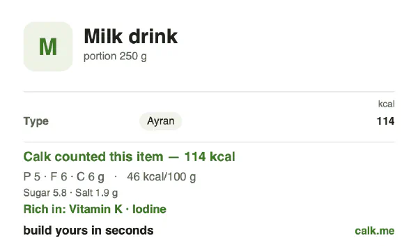 Lower calorie Calk card for Milk drink: 46 kcal per 100 g, protein/fat/carbs 22/54/24