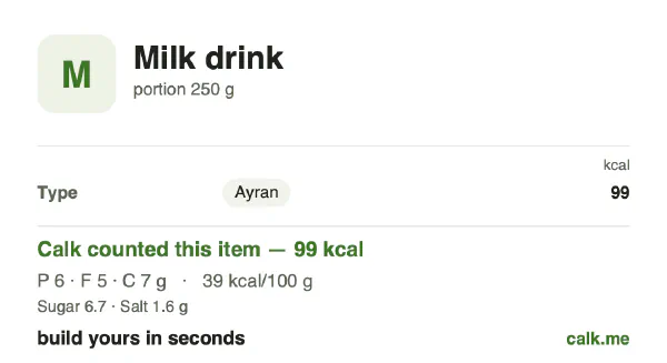Lower calorie Calk card for Milk drink: 39 kcal per 100 g, protein/fat/carbs 24/47/29