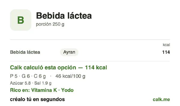Tarjeta de Calk, versión menos calórica de Bebidas lácteas: 46 kcal por 100 g, proteínas/grasas/carbohidratos 22/54/24