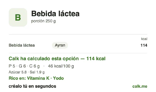 Ficha de Calk, versión menos calórica de Bebidas lácteas: 46 kcal por 100 g, proteínas/grasas/hidratos 22/54/24