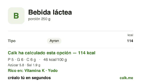 Ficha de Calk, versión menos calórica de Bebidas lácteas: 46 kcal por 100 g, proteínas/grasas/hidratos 22/54/24