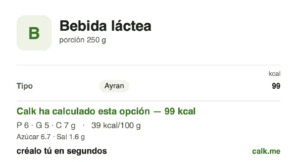 Ficha de Calk, versión menos calórica de Bebidas lácteas: 39 kcal por 100 g, proteínas/grasas/hidratos 24/47/29