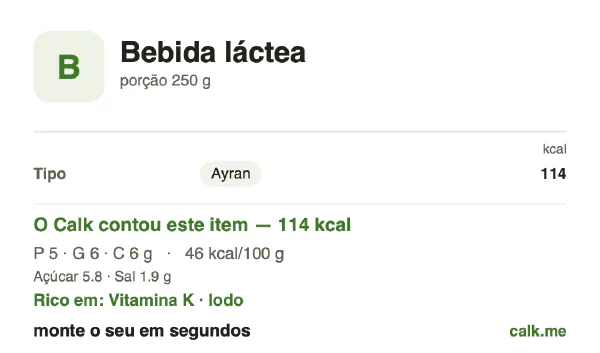 Cartão do Calk para a versão menos calórica de Bebida láctea: 46 kcal por 100 g, proteína/gordura/carboidratos 22/54/24