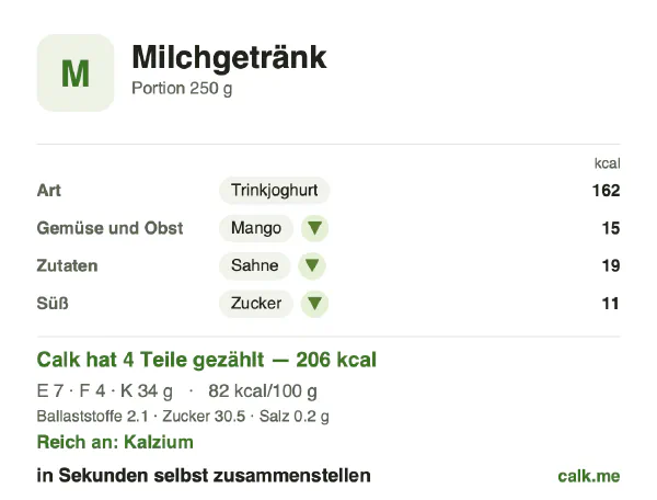 Calk-Karte für die kalorienreichere Variante von Milchgetränk: 82 kcal pro 100 g, Eiweiß/Fett/Kohlenhydrate 15/18/67