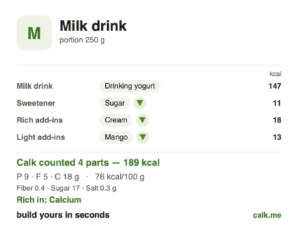 Higher calorie Calk card for Milk drink: 76 kcal per 100 g, protein/fat/carbs 22/31/47
