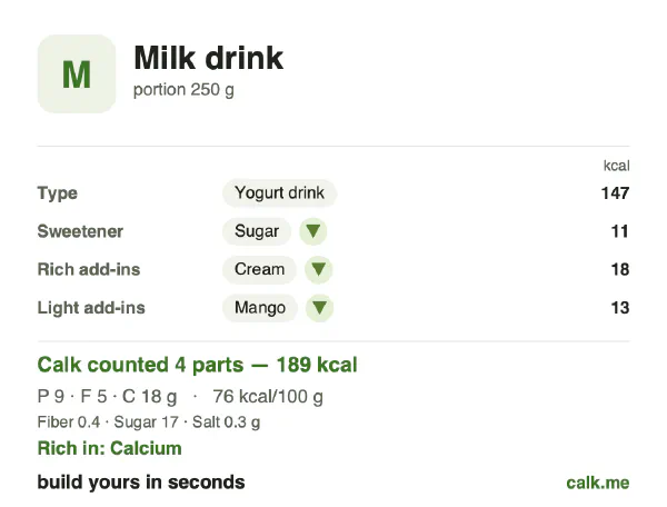 Higher calorie Calk card for Milk drink: 76 kcal per 100 g, protein/fat/carbs 22/31/47