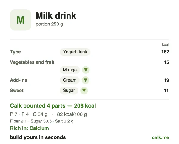 Higher calorie Calk card for Milk drink: 82 kcal per 100 g, protein/fat/carbs 15/18/67