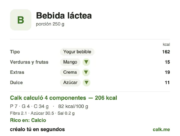 Tarjeta de Calk, versión más calórica de Bebidas lácteas: 82 kcal por 100 g, proteínas/grasas/carbohidratos 15/18/67