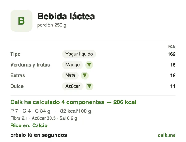 Ficha de Calk, versión más calórica de Bebidas lácteas: 82 kcal por 100 g, proteínas/grasas/hidratos 15/18/67
